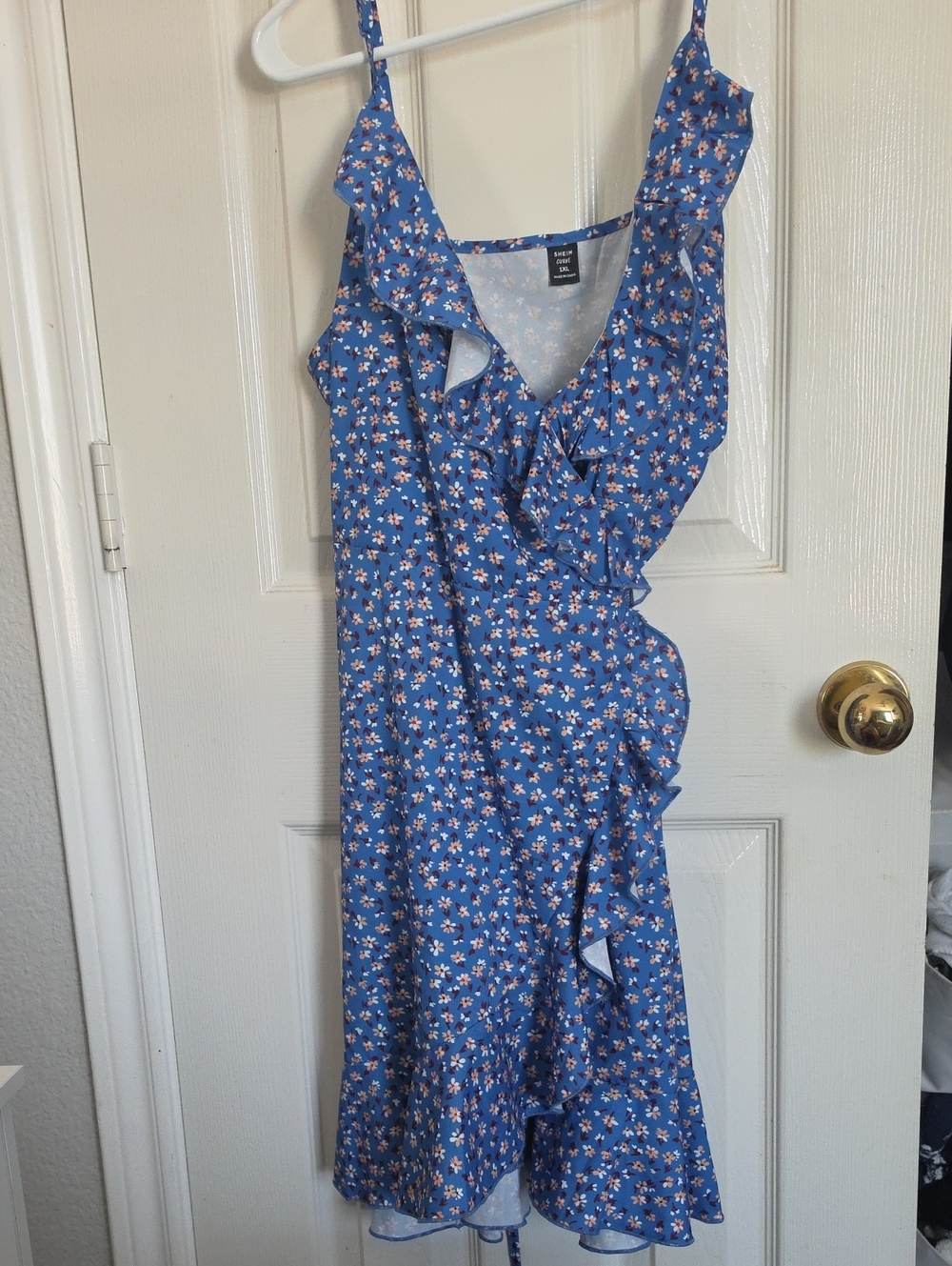 SHEIN Blue Floral Ruffle Wrap Midi Dress